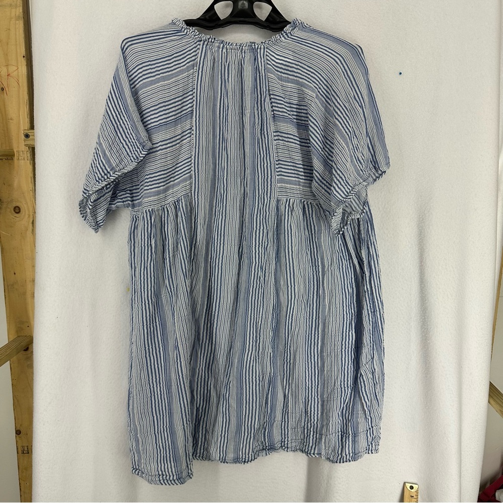 H&M Mini Oversized Dress Split Neck Short Sleeve Striped Womens 14 Blue - Picture 7 of 9